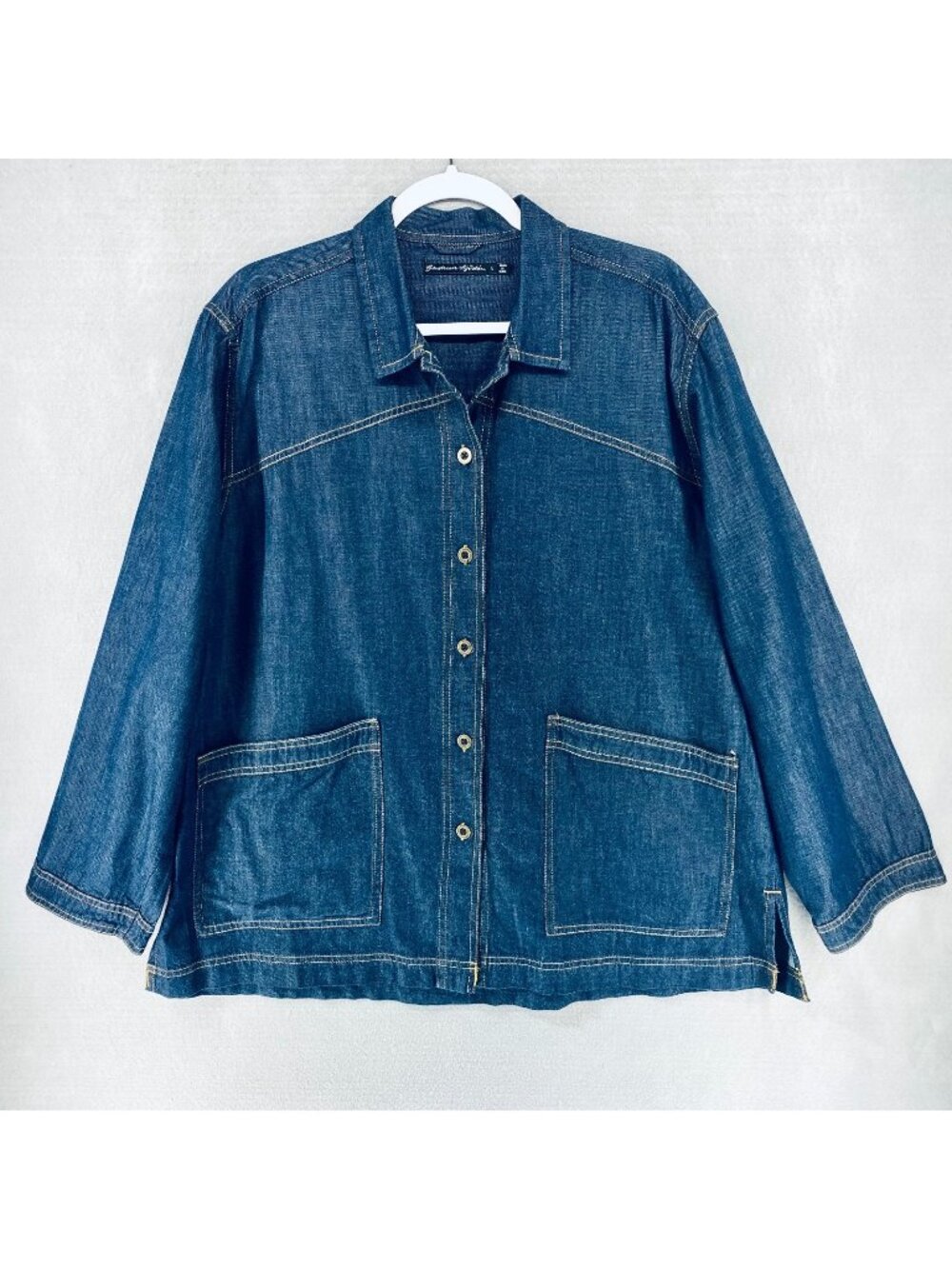 Gudrun Sjoden Denim Jacket Womens L Blue Cotton Button Up 3/4 Sleeve Swing Coat